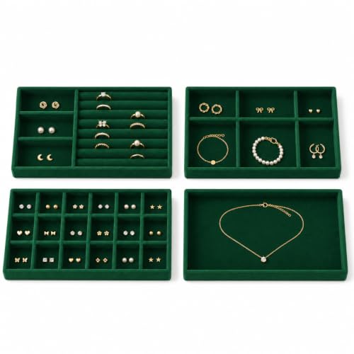 4 Pack Stackable Jewelry Organizer Tray Set - Velvet Display Case | for Rings Earrings Necklaces, for Drawer Organization, Can Stacked - color: Dark Green