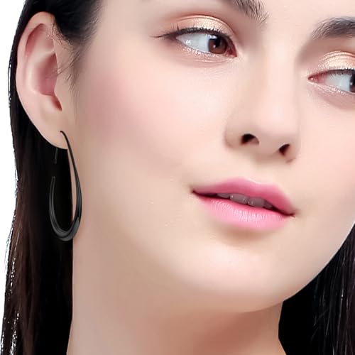 Lightweight Teardrop Hoop Earrings for Women - 14k Gold/White Gold Plated Large Oval Pull Through Hoop Earrings High Polished Statement Jewelry Gift for Women - color: E - Black