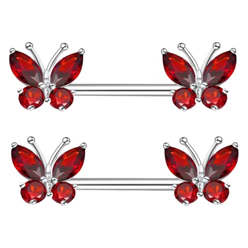 VERAMI 14G Stainless Steel Heart Nipple Rings and Barbell - Butterfly, Starlight Acrylic Ball, Tongue Rings for Women and Men - color: Red CZ-B