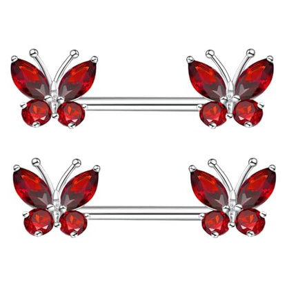 VERAMI 14G Stainless Steel Heart Nipple Rings and Barbell - Butterfly, Starlight Acrylic Ball, Tongue Rings for Women and Men - color: Red CZ-B