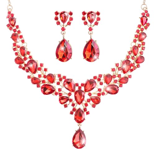 Hicarer Bridal Teardrop Cluster Crystal Jewelry Set for Women Necklace Earrings Wedding - color: Red and Gold