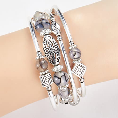 BULINLIN Layered Wrap Bangle Turquoise Bracelet - Bead Bracelet with Natural Agate Stone, Gifts For Women - color: 03-Grey leopard