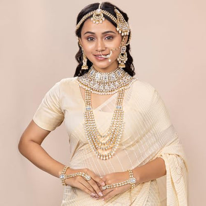 Aheli Traditional Wedding Indian Bharatanatyam jewellery set Long Choker Necklace Earrings Maang Tikka Nath Paasa Hath Phool for Women - color: White-1