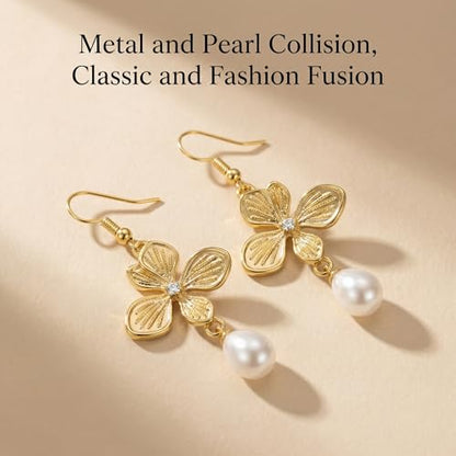 BELLA-Bee Gold Plated Flower Drop Earrings for Women, Dangle Earrings with Pearl, Hypoallergenic Gold Earrings for Sensitive Ears, Elegant Jewelry Gifts - color: 14K Gold plated Flower-1