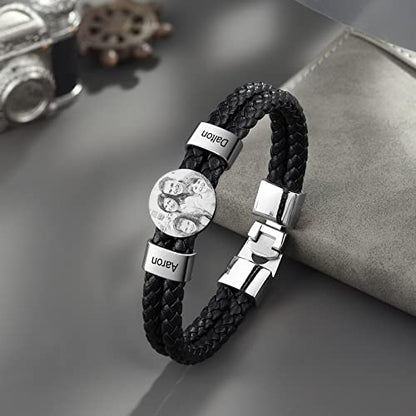 Personalized Braided Leather Bracelet with Photo Custom Name Beads Cuff Bangle Jewelry Gifts for Men Dad Husband Grandpa Fathers Day - color: 2 Names
