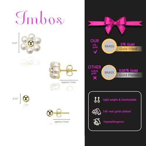 IMBOS Pearl Earrings 14k Gold Plated Daisy Flower Stud Earrings for Women Ball Stud Flat Back Earring Hypoallergenic Statement Earring Trendy Jewelry Gift for Women - color: Gold-Pearl Ball
