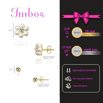 IMBOS Pearl Earrings 14k Gold Plated Daisy Flower Stud Earrings for Women Ball Stud Flat Back Earring Hypoallergenic Statement Earring Trendy Jewelry Gift for Women - color: Gold-Pearl Ball