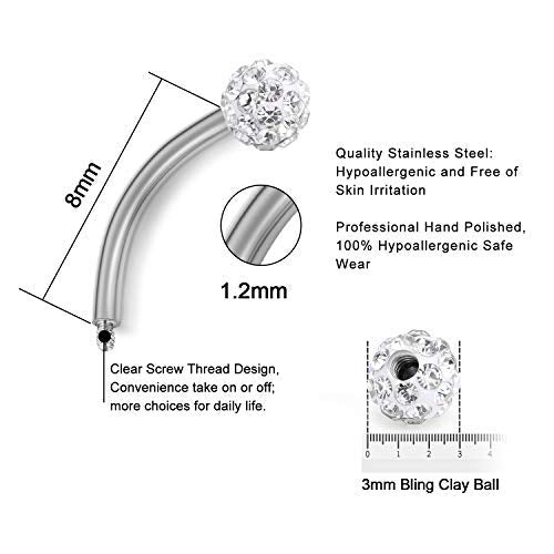 Anicina Rook Curved Barbell Piercing Jewelry Surgical Steel Rook Earrings Eyebrow Rings for Women Horseshoe Rook Eyebrow Septum Piercing Hoop 16G Silver Black - color: E-mix 3-8mm