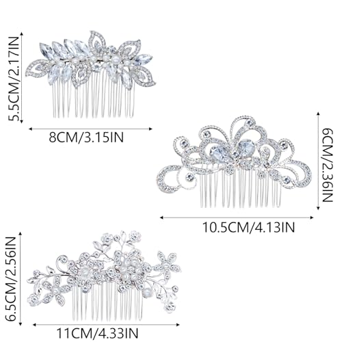 3 Pieces Bridal Hair Side Combs, Crystal Hair Combs, Bridal Bridesmaid Rhinestone Hair Accessories Party Headpieces（Silver）