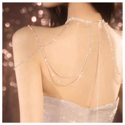 Sexy Rhinestone Shoulder Chain Necklace, Tassel Multi-layered Bridal Crystal Back Chain Wedding Backdrop Jewelry