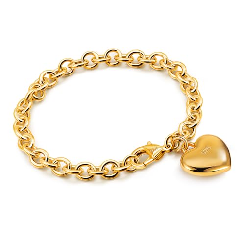 Dankadi Women 925 Sterling Silver Round Cable Wire Link Bracelet Charm Heart-Bell-Square-Circle Pendant Chain Bangle Fine Jewelry Gift For Wife Her - color: 6MM Gold Heart Pendant, size: 7 in
