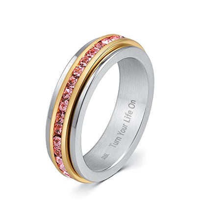 Muses Art Design Fidget Rings, Anxiety Rings, Spinner Rings, Band Rings with Birthstone, Stainless Steel, Women and Men, Meditation Rings, Thumb Rings, Stress Relieving and Anxiety Reducing - color: October - Tourmaline