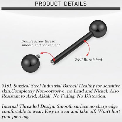 16G-00G Tongue Rings Nipple Piercings Internally Threaded Straight Barbell 316L Surgical Steel Body Piercing Jewelry for Women Men Black silver 12mm 14mm 16mm 19mm Bars Length - color: Black, size: 14G(1.6mm)-12mm barbells-5mm Balls