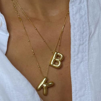 Gold Bubble Initial Necklace for Women Balloon Letter Necklace 18K Gold Plated Dainty Alphabet Pendant Puffy Name Personal Necklace - color: B