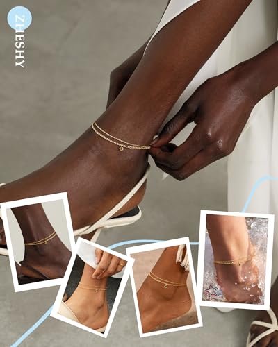ZHESHY Ankle Bracelets for Women Gold Layered Anklets with Birthstone | 14K Gold Plated Dainty Waterproof Non Tarnish Chain Anklet Bracelets Summer Beach Jewelry Birthday Gifts - color: 08.Yellow Green August
