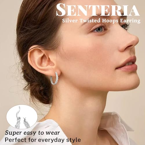 Senteria Silver Twisted Hoops Earring for Women Hypoallergenic Sterling Silver Post Hoop Earrings with AAA+ Cubic Zirconia 14K Gold Plated Hoop Earrings for Women 30/40/50MM - color: Silver-40MM