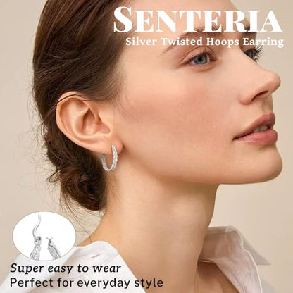 Senteria Silver Twisted Hoops Earring for Women Hypoallergenic Sterling Silver Post Hoop Earrings with AAA+ Cubic Zirconia 14K Gold Plated Hoop Earrings for Women 30/40/50MM - color: Silver-40MM