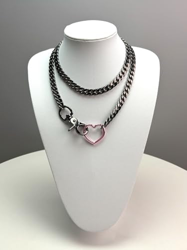 paloli Women's Slip Chain Rainbow Heart O-Ring Chunky Chain Necklace, Rays Cuban Long Layered Jewelry, Adjustable Lariat Y-Necklace Heart Loop Choker - color: G-Heart-Black-Pink