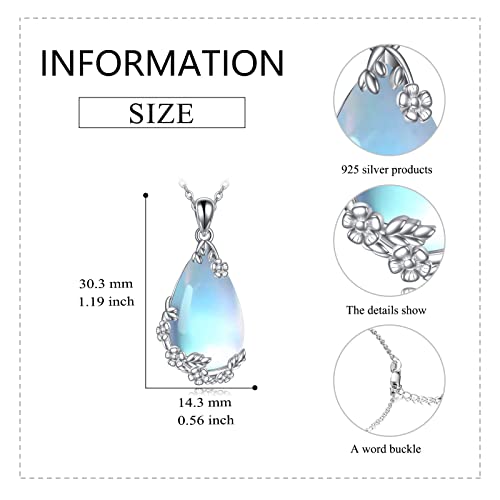 VONALA Sterling Silver Necklace Moss Agate/Turquoise/Larimar/Aquamarine/Opal/Black Onyx/Rose Quartz/Moonstone Pendant Teardrop Necklace Jewelry Gift for Women - style: Moonstone