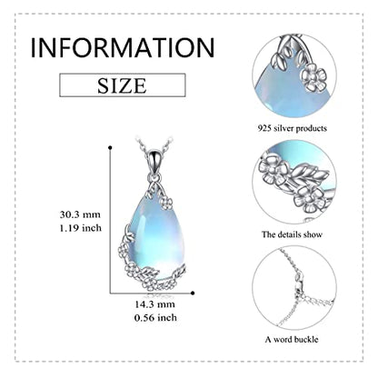 VONALA Sterling Silver Necklace Moss Agate/Turquoise/Larimar/Aquamarine/Opal/Black Onyx/Rose Quartz/Moonstone Pendant Teardrop Necklace Jewelry Gift for Women - style: Moonstone