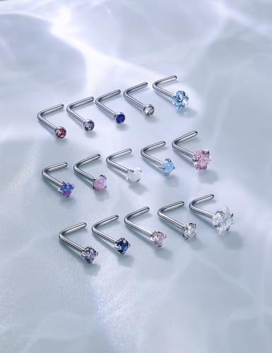 15 Pcs 18G 20G Surgical Steel Nose Rings Studs for Women Opal Nose Rings Diamond CZ Nose Studs L Shaped Nose Nostril Piercing Jewelry Hypoallergenic - style: 20G,L Shaped