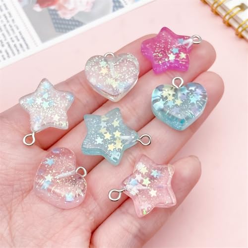 10Pcs Transparent Glitter Sequins Cute Bracelet Charms 3D Star Heart Charms for Jewelry Making Earrings Keychain Charm Aesthetic Resin Charm Pendants for Necklaces DIY Jewelry Craft Accessories