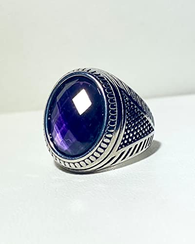 Men's Round Oval Turkish Engraved Silver Retro Vintage Stainless Steel Turquoise Onyx Women's Sapphire Lapiz Lazuli Blue Purple Stone Biker Carved Signet Punk Ring Stone Silver Ring, Anillos De Hombre
