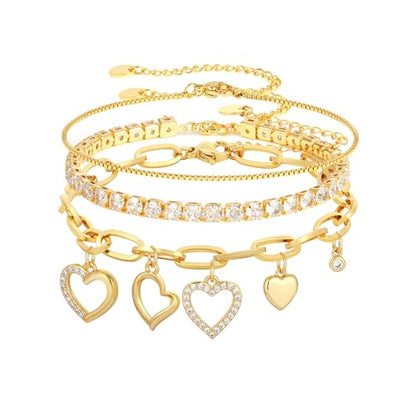 3PCS Charm Gold Bracelets for Women Non Tarnish,14k Plated Gold Bracelet Stack Cute Dainty Stackable Trendy Bow Cross Clover Bracelets Set Tarnish Free Gold Jewelry for Women Gifts - color: Heart-Gold