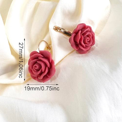Handmade Bohemian Aesthetic Dainty Acrylic Flower Petal Leverback Earrings Sparkly 14K Gold Floral Dangle Drop Earrings for Women - color: Red