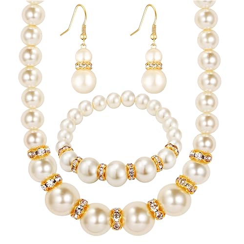 Big Faux Pearls Necklace Bracelet Earrings Set for Women Elegant Charm Chunky Pearls Necklaces Handmade Vintage Simulated Pearl Necklaces Set Round White Pearl Costume Jewelry 70s 80s Accessories Brides Wedding Gift - color: gold