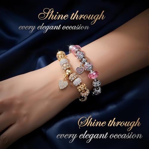 2 Pack Charm Bracelets Pink and Gold Heart Silver Plated Charm Bracelet, DIY Jewelry for Women Gifts, with Beads, Crystal, Charms, Love and Adjustable Snake Chain, Fits 7.5"+1.5"