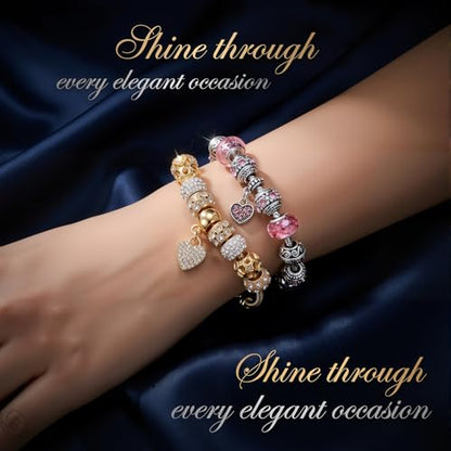 2 Pack Charm Bracelets Pink and Gold Heart Silver Plated Charm Bracelet, DIY Jewelry for Women Gifts, with Beads, Crystal, Charms, Love and Adjustable Snake Chain, Fits 7.5"+1.5"