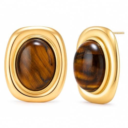 Chunky Gold Stud Earrings for Women 18K Gold Plated Hypoallergenic Chunky Statement Earrings Big Natural Crystal Stone Earring Gift for Women - color: Tiger Eye