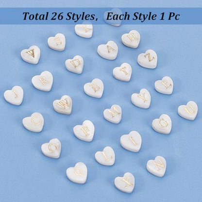PH PandaHall 26pc White Heart Beads Alphabet A-Z Charms Natural Freshwater Shell Letter Initial Charm Glass Spacer for Boho DIY Necklace Bracelet Earring Jewelry Making