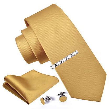 GUSLESON New 3.15"（8cm） Solid Color Necktie and Pocket Square Cufflinks Clip Set - color: Goldenrod