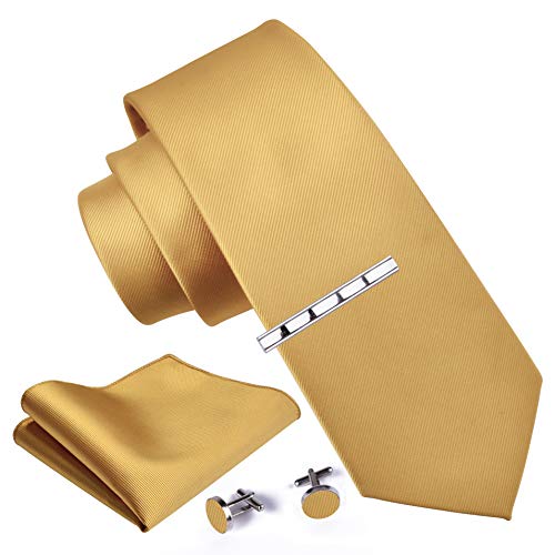 GUSLESON New 3.15"（8cm） Solid Color Necktie and Pocket Square Cufflinks Clip Set - color: Goldenrod