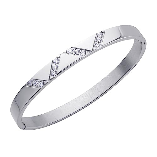 555Jewelry Womens Sparkling Cubic Zirconia Secure Hinge Lock Bangle Stainless Steel Bracelet - color: Silver Style 2