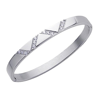 555Jewelry Womens Sparkling Cubic Zirconia Secure Hinge Lock Bangle Stainless Steel Bracelet - color: Silver Style 2