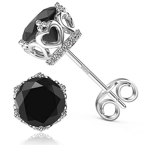 Round Cut Cubic Zirconia Stud Earrings for Men Women | Brilliant CZ Simulated Diamond, 18K White Gold Plated Sterling Silver, Hypoallergenic - color: Black CZ