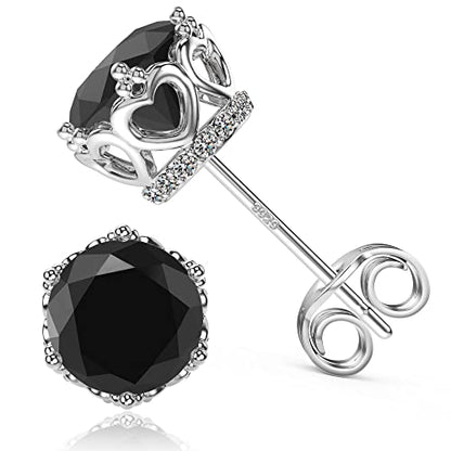 Round Cut Cubic Zirconia Stud Earrings for Men Women | Brilliant CZ Simulated Diamond, 18K White Gold Plated Sterling Silver, Hypoallergenic - color: Black CZ