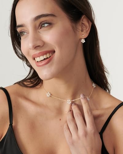 Pearl Earrings - 14k Gold or White Gold Plated Sparkle Cubic Zirconia Dainty Pearl Stud Earrings for Women Wedding Party Bridal - color: gold flower