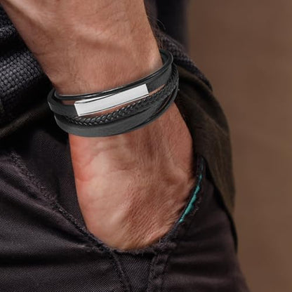 Leather Bracelet for Men Braided Stainless Steel Mens Bracelets - color: Silver