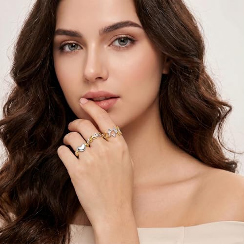 SAVORI Two-Tone Stainless Steel Open Ring Set for Women, 4 Styles (Leaf, Flower, Heart, Star), Hypoallergenic Adjustable Stackable Jewelry Gifts