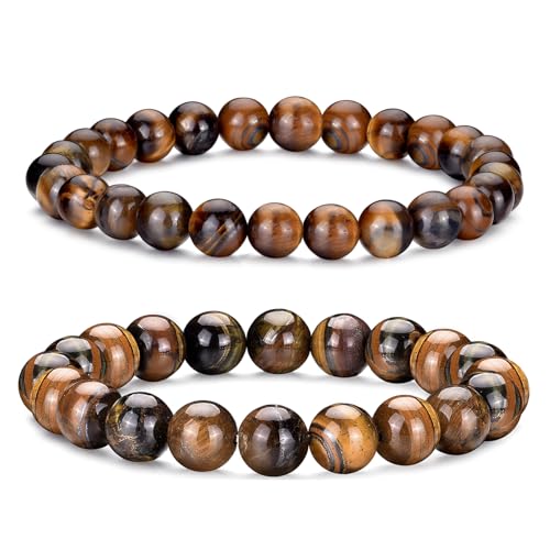 Mens Bead Bracelet Set - Adjustable Elastic Rope With 6&8MM Natural Stone Multi-Colored Beads - Tiger Eye Bracelets for Men - Gift - style: 2,8mm+10mm Tiger eye