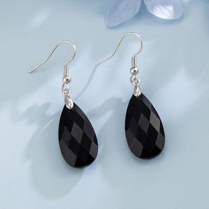 SELOVO Teardrop Fishhook Dangle Drop Earrings for Women Crystal Earring - color: Black-Silver Color Hook