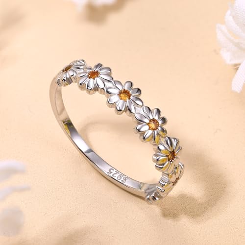 MILACOLATO 925 Sterling Silver Rings for Women Dainty CZ Daisy Flower Ring | 18K White Gold Plated Daisy Promise Ring for Her, Cute Sunflower Wedding Band Statement Engagement Ring, Mothers Jewelry Gift - color: 18K White Gold Plated Daisy Ring - Yellow C