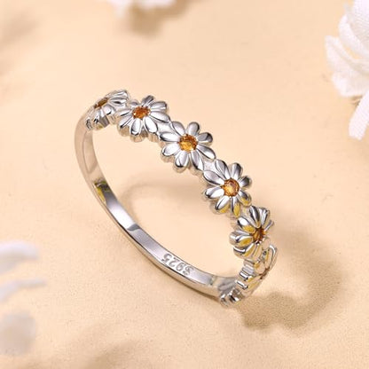 MILACOLATO 925 Sterling Silver Rings for Women Dainty CZ Daisy Flower Ring | 18K White Gold Plated Daisy Promise Ring for Her, Cute Sunflower Wedding Band Statement Engagement Ring, Mothers Jewelry Gift - color: 18K White Gold Plated Daisy Ring - Yellow C