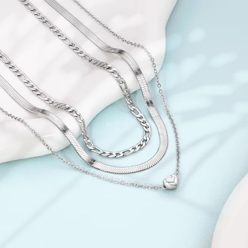 Layered Necklaces for Women,14k Gold Plated Dainty Necklace Stack Set Non Tarnish Adjustable Silver Stainless Steel CZ Heart Circle Pendant Paperclip Choker Herringbone Snake Chain Jewelry - style: Heart Layered Necklace-Silver