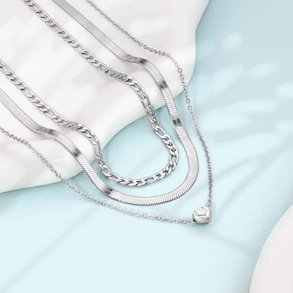 Layered Necklaces for Women,14k Gold Plated Dainty Necklace Stack Set Non Tarnish Adjustable Silver Stainless Steel CZ Heart Circle Pendant Paperclip Choker Herringbone Snake Chain Jewelry - style: Heart Layered Necklace-Silver