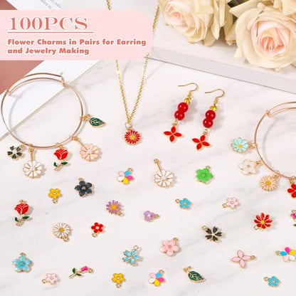 100Pcs 50 Pairs Flower Charms for Jewelry Making, Wholesale Assorted Enamel Mixed Bulk Metal Earring Charms for DIY Necklace Bracelet Earring Jewelry Making and Crafting - style: Flower Charms